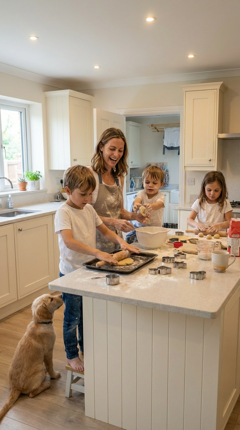 Mum baking biscuits with her three children
