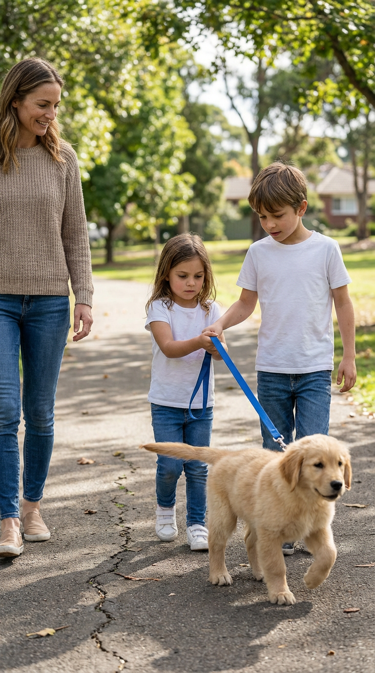 Mum and two children walking their puppy in the park