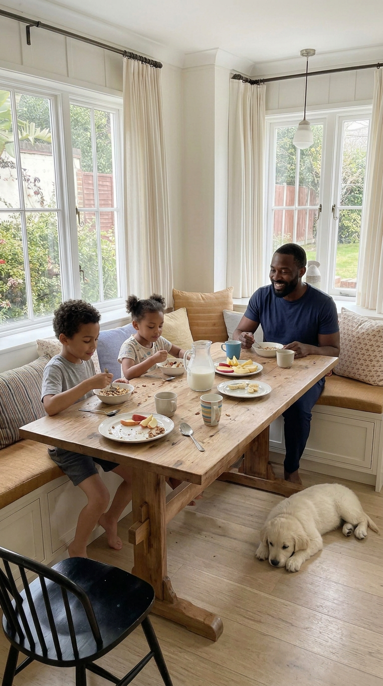 Dad and two children having a calm breakfast together