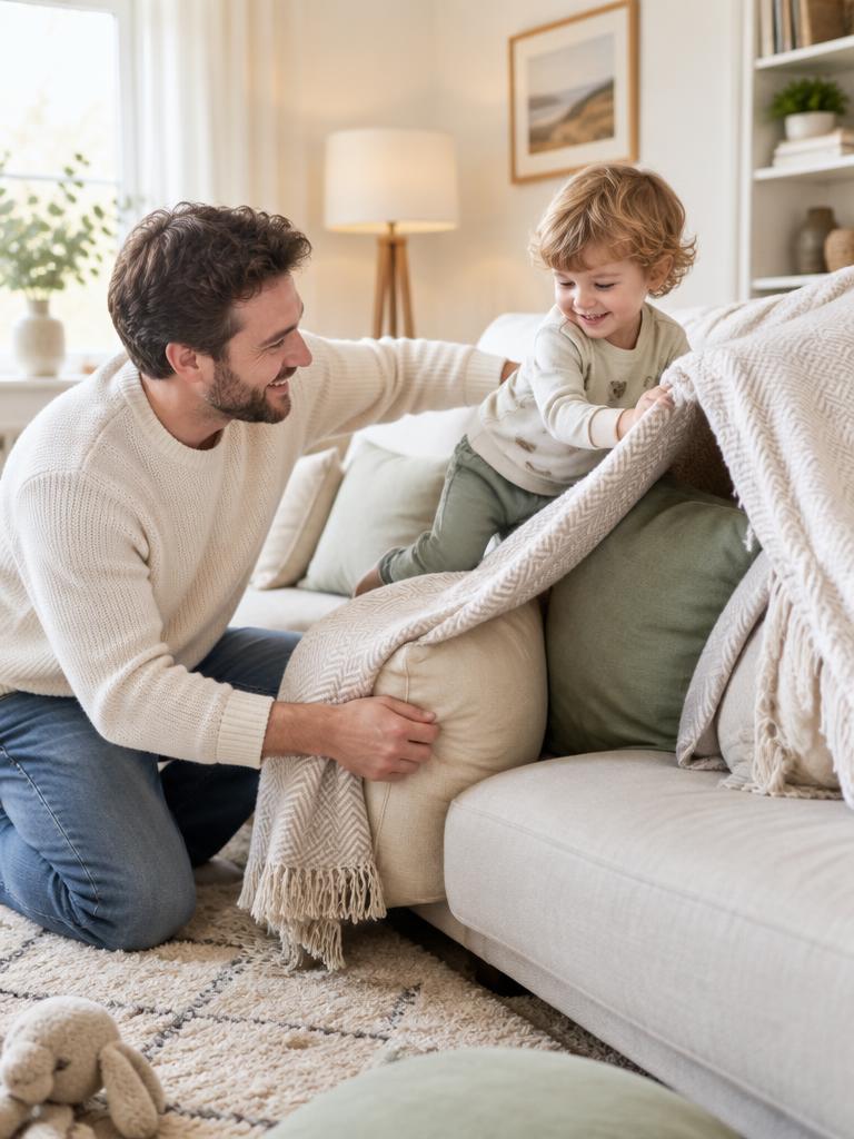 Dad and toddler building a blanket den on the sofa