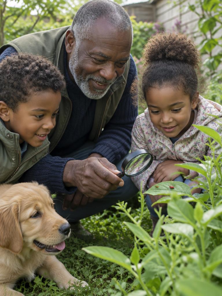 Grandad on a bug hunt with his grandchildren and the puppy