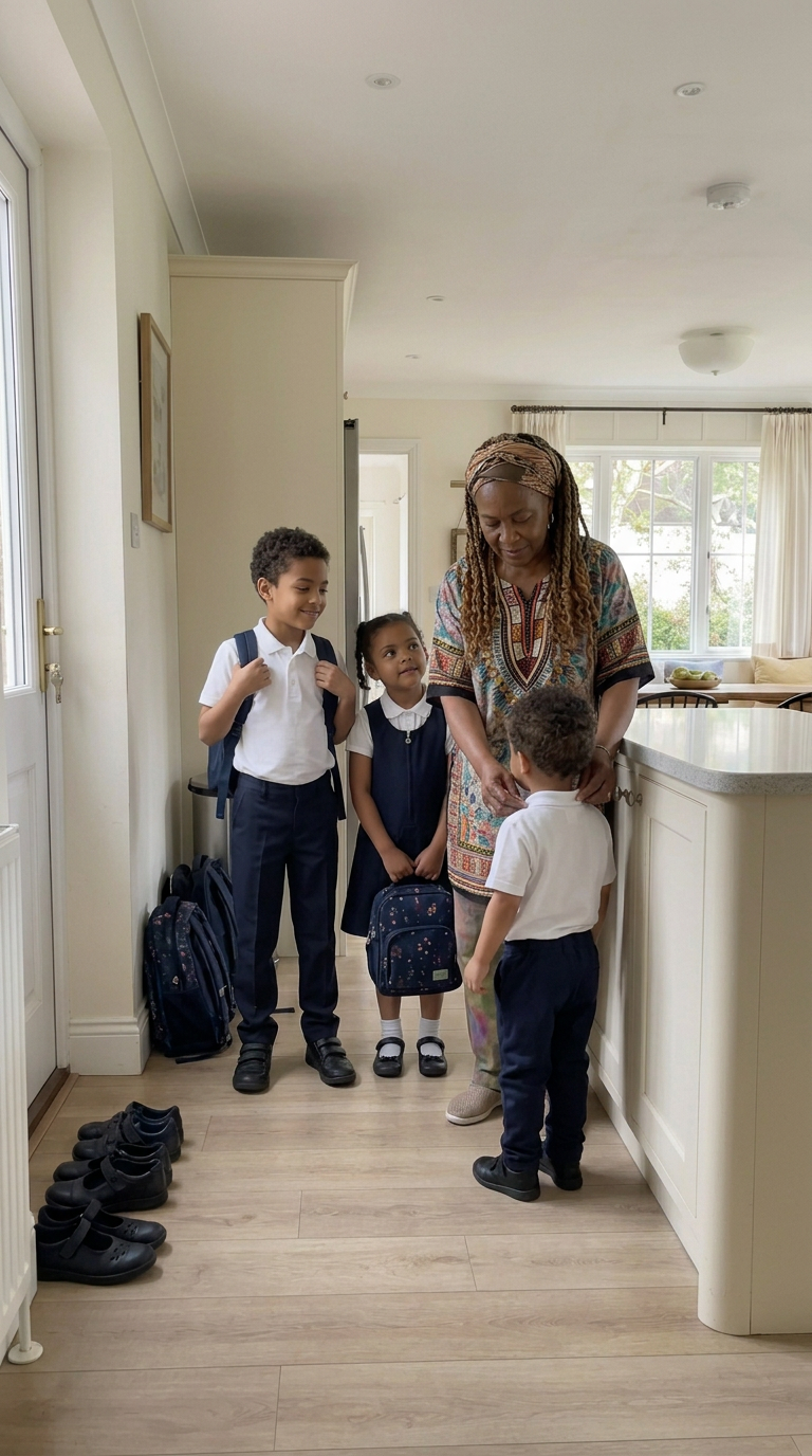 Grandmother helping her grandchildren get ready for school