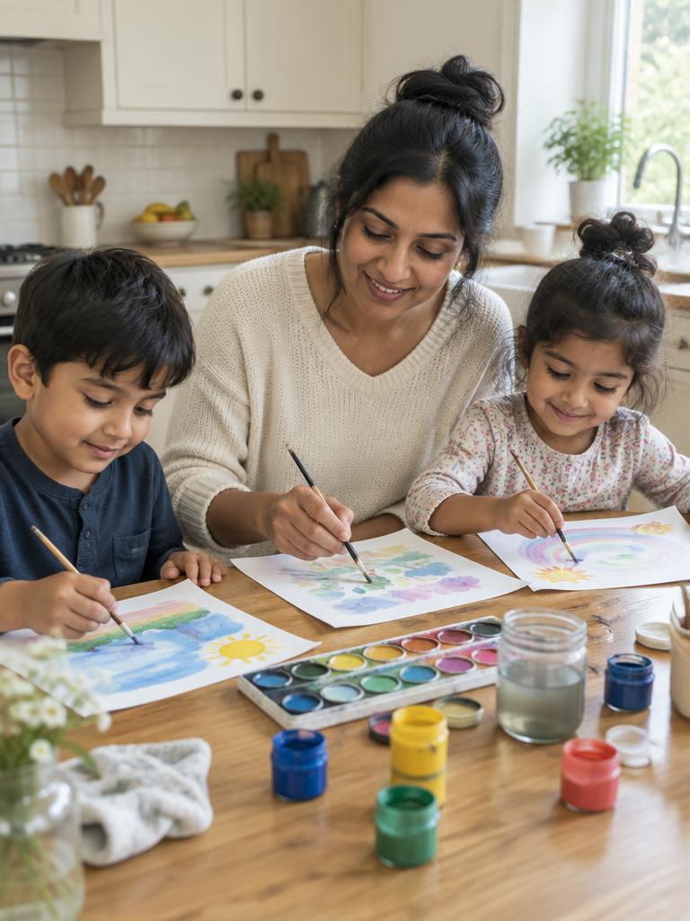 Mum painting with her two children at the kitchen table