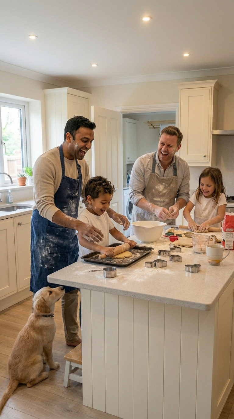 Two dads baking with their children in the kitchen
