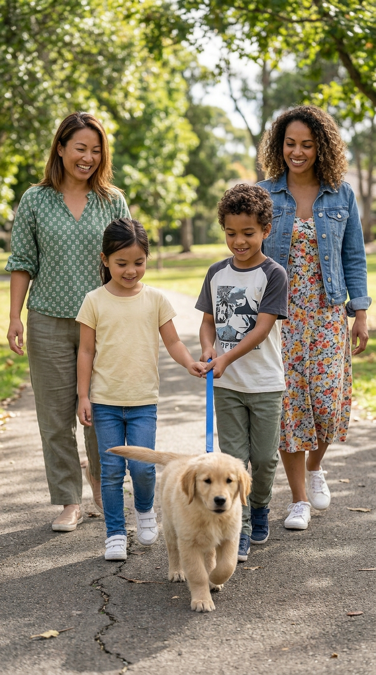 Two mums walking with their children and puppy